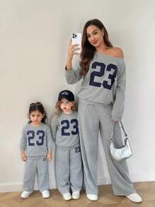 SHEIN Mommy And Me Matching Outfits(2 Sets  Are Sold Separately)Baby Girl Mommy&Me Number Printed Asymmetric Collar Long Sleeve Top & Pants Casual 2-Piece Set,Skin-Friendly And Soft Fabric To Protect Baby's Skin, Can Be Worn Indoors Or Outdoors, First Choice For Mothers Fall Winter - Grey - View 6