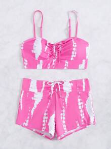SHEIN 2 件套新款粉色随机印花休闲沙滩比基尼套装，女士夏季泳衣 - 彩色 - 查看 4
