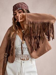 Freevana Plus Fringe Trim Open Front Suedette Jacket, For Winter Fall Autumn - Camel - View 5