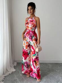 Elenzga Women's Elegant Spaghetti Strap Draped Tied Waist Sleeveless Floral Jumpsuit