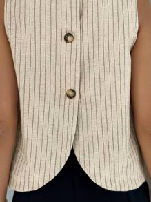 Easowa 女士圆领无袖衬衫，背面有装饰纽扣，不对称下摆，棉质面料，休闲度假优雅衬衫，复古风格 - 杏色 - 查看 7