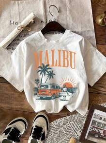 Camiseta casual de manga corta y ajuste ceñido con estampado gráfico de atardecer en la playa para mujer