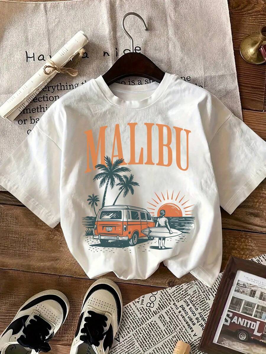 Camiseta casual de manga corta y ajuste ceñido con estampado gráfico de atardecer en la playa para mujer