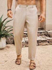 Manfinity RSRT Men's Casual Loose Business Pants With Belt Loops, Summer Pants For Summer Textured Pants - Khaki - View 4