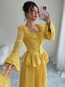 Modelyn 女士修身方领喇叭袖两件套 - 黃色 - 查看 5