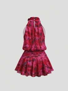 Sweetra Women's Elegant Floral Print 3D Flower Decor Halter Short Dress, Summer