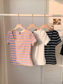 Comfortcana 3pcs/Set Colorful Striped Short Sleeve Square Neck Casual Loose T-Shirt, Plus Size Tops, Summer Top - Multicolor - View 4