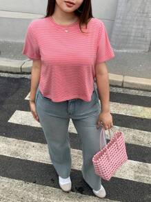 Dazy Plus Camiseta de verano holgada de cuello redondo y manga corta a rayas, talla grande, ropa de vuelta al colegio