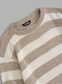 RueChic Men Striped Knit Crew Neck Drop Shoulder Colorblock Sweater - Beige - View 4