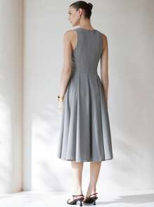 Aveloria Modichic Double Breasted Fold Pleated Detail Dress - Light Grey - View 2