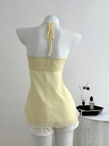 SHEIN Unity Spring & Summer Casual Vacation Beaded Decor Halter Top - Cream - View 2
