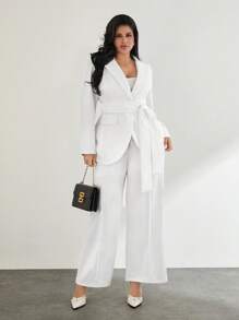 SHEIN Privé 大码女式不对称深 V 领长袖开衫，系腰带休闲工作夹克，纯白色 - 白色 - 查看 6