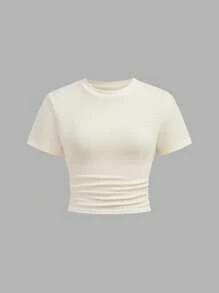 SHEIN Sparklyn 2pcs/Set Texture Fabric Teen Girl Standing Collar Short Sleeve T-Shirt + Casual Long Pants - Apricot - View 4