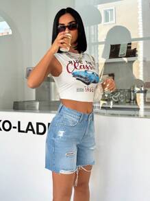 SHEIN Shorts de mezclilla con lavado desgarrado, de talle bajo y bolsillos sesgados
