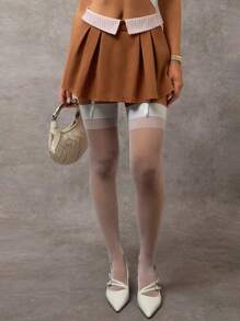 SHEIN LUNE 女式褶皱条纹翻领腰带夏季半身裙 - 棕色 - 查看 3