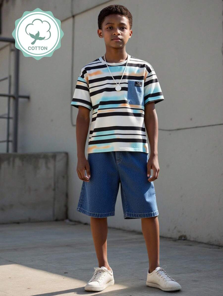 2pcs/Set Tween Boys Casual Stripe T-Shirt & Denim Bermuda Shorts Set For Summer - Medium Wash - View 1