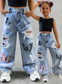 SHEIN Explorewe Nuovi jeans dritti in denim strappati e lavati di colore azzurro chiaro, stile casual, misura piccola per ragazze