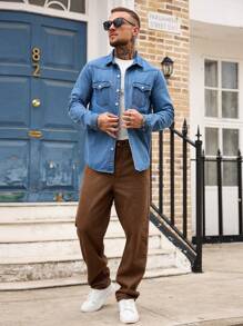 Manfinity Homme Men Classic Regular Shoulder Long Sleeve Single-Breasted Blue Denim Shirt, Fall - Blue - View 3