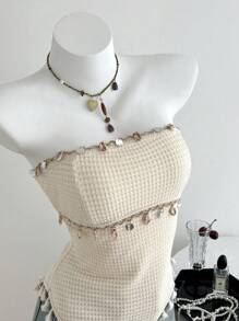 Elamini Top sin mangas con estilo de poncho y bajo con flecos en contraste, para primavera/verano