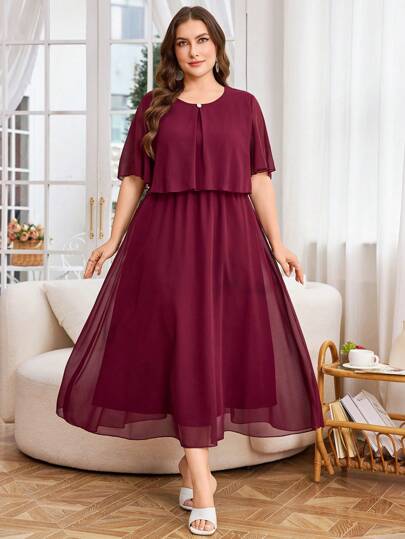 Modelyn 大码纯色圆领短袖优雅简约休闲连衣裙