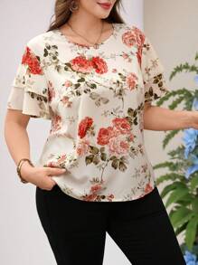 Reflora 加大码优雅度假风格彝族印花荷叶边下摆短袖衬衫，女士夏季服装 - 彩色 - 查看 6