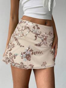 Aloruh 女士性感时尚亮片刺绣迷你裙 - 杏色 - 查看 6