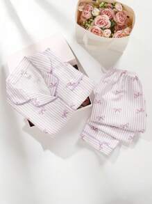 2pcs/Set Tween Girl Cute Bow & Striped Print Short Sleeve Shirt & Long Pants Casual Homewear Pajamas Set - Purple - View 9