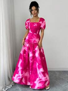 Chiquease 花卉印花腰部抽绳拼接 A 字型女式泡泡袖短袖荷叶边下摆休闲连衣裙