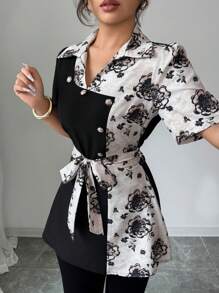 Elenzga 女式不对称撞色印花束腰衬衫 - 彩色 - 查看 3