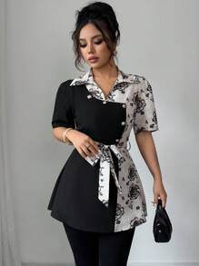 Elenzga 女式不对称撞色印花束腰衬衫 - 彩色 - 查看 5