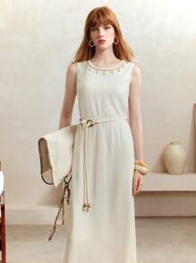EMERY ROSE 女士优雅杏色亚麻贝壳织带麻绳腰带中长连衣裙，圆领无袖设计，新款秋季女教师开学礼服 - 高端法式优雅，休闲办公风格，全白派对装女士 - 杏色 - 查看 8