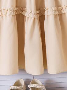 Girls Young Girl Casual Ruffled Collar, Tiered Ruffle Hem Elegant Dress, Suitable For Vacation, Family Gathering, Outdoor Activities, Spring/Summer - Khaki - View 5