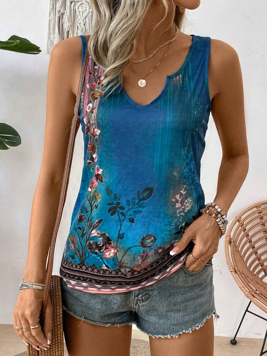 EMERY ROSE 复古印花缺口领口度假休闲背心图案T恤女式上衣 - 藍色 - 查看 1