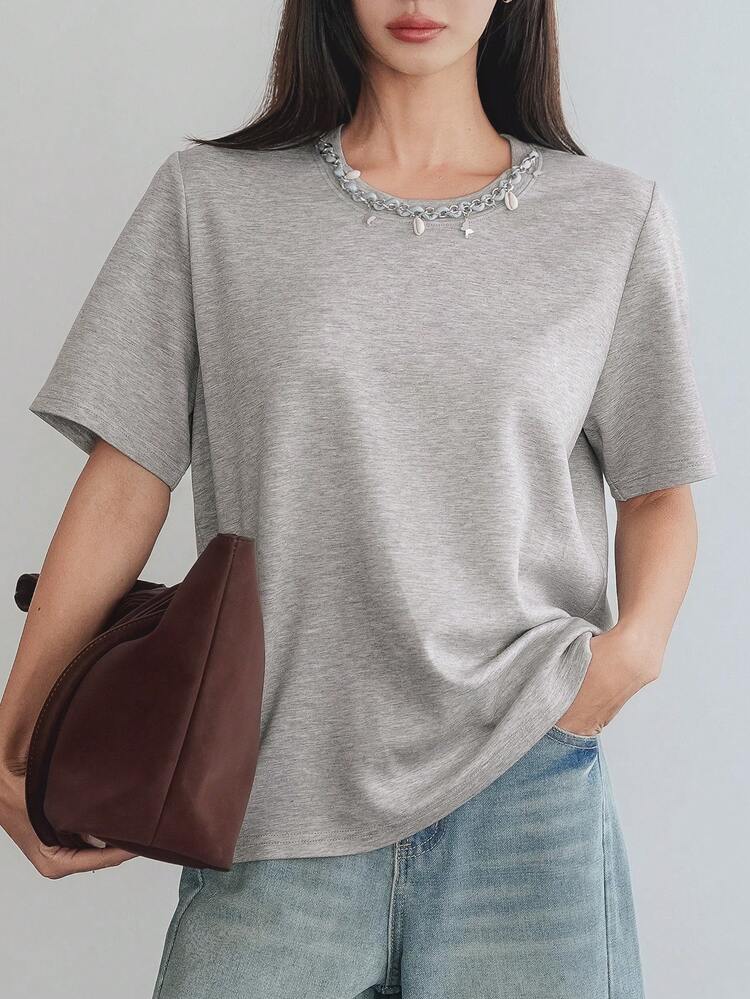 Summer Loose Business Casual Chain & Beaded 3D Decor Short Sleeve T-Shirt For Women,Teacher