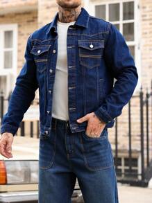 Manfinity Homme Men Street Wear American Casual Military Style Long Sleeve Single Breasted Pocket Casual Denim Jacket, Fall - Dark Wash - View 7