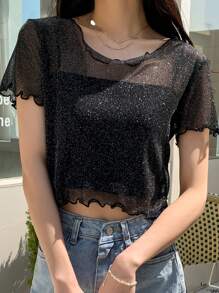 DAZY Lettuce Trim Sheer Mesh Top Without Cami Top Going Out Tops,Crop Tops Women - Black - View 1