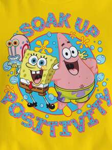 SpongeBob SquarePants | SHEIN 青少年女孩休闲可爱卡通字母印花短袖T恤，夏季 - 白色 - 查看 3