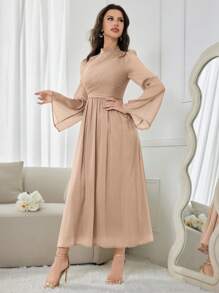Modelyn Đầm dài tay đơn giản hàng ngày màu trơn cho nữ Đầm dạ hội dài - Lạc đà - Xem 3