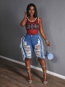 Slaydiva 女式蓝色破洞高腰牛仔短裤（夏季） - 中等水洗藍 - 查看 7