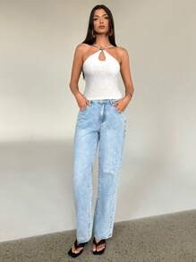 Aloruh Áo nữ gợi cảm với dây đeo chéo, khóa kim loại trang trí, in họa tiết nhung, màu đen. - trắng - Xem 5