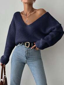 SHEIN Cottnline Women Casual & Simple V-Neck Loose Drop Shoulder Solid Color Sweater, Suitable For Autumn/Winter - Navy Blue - View 4
