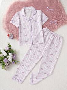 2pcs/Set Tween Girl Cute Bow & Striped Print Short Sleeve Shirt & Long Pants Casual Homewear Pajamas Set - Purple - View 4