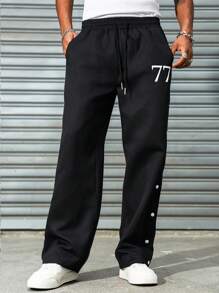 Manfinity EMRG 2025 新款男士纽扣印花宽松直筒裤，Y2K 街头风格，送给男朋友/丈夫的礼物 - 黑色 - 查看 4