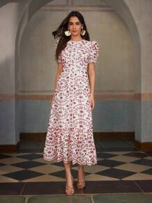 ZEYLAH Short Sleeve Holiday Eyelet Embroidery Long Dress - Red - View 7