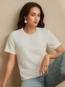 Anewsta New Fashionable High Quality Casual Minimalist Embroidered Design Women Summer T-Shirt - White - View 6