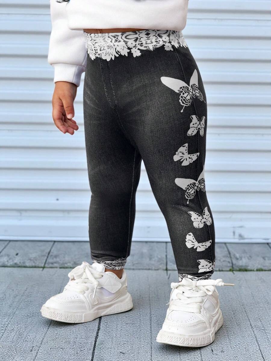 Baby Girl Knitted Denim Effect Butterfly Pattern Leggings, Suitable For Outings, Gatherings And Parties - Black - View 1