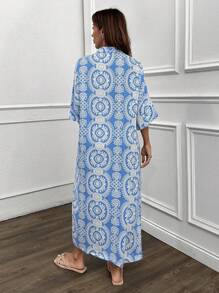 SHEIN Cottnline 全印花前扣连衣裙，度假休闲 - 藍色 - 查看 2