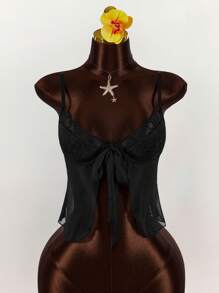 Amplova Áo len cardigan dây nơ ren cúp ngực cho nữ - màu đen - Xem 3