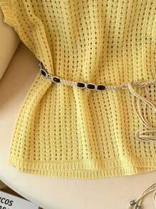 SHEIN Women's Solid Color Scoop Neck Casual Short Sleeve Hollow-Out Knit Top - Apricot - View 4