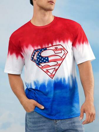 SUPERMAN X SHEIN Men's Tie Dye Americana Logo Print Round Neck Short Sleeve T-Shirt